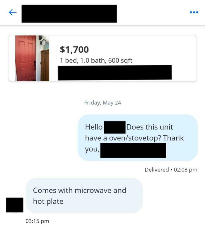 $1,700 A Month To Do All Of Your Cooking On A Hot Plate. Oh, Also, No Pets Are Allowed, And Utilities Are Not Included In Rent. Landlords Need To Get Real