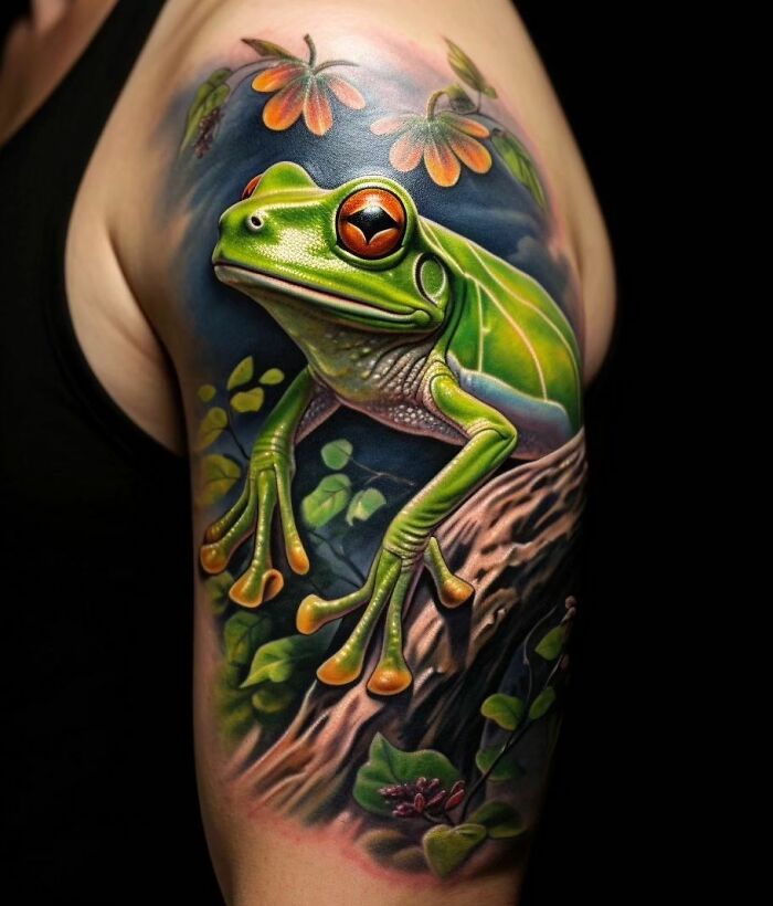 Vibrant frog tattoo on arm, showcasing detailed green and orange hues with floral elements in the background.