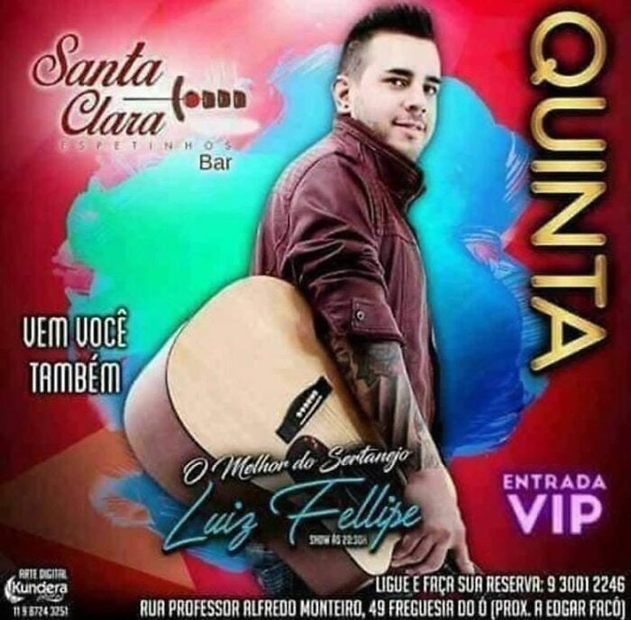 Person holding a guitar in a colorful advertisement for a bar event. VIP entry details included.