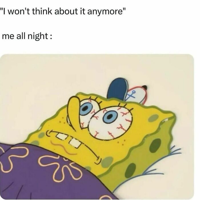 Tired SpongeBob with bloodshot eyes lying awake in bed, a hilarious meme showing sleeplessness and overthinking.