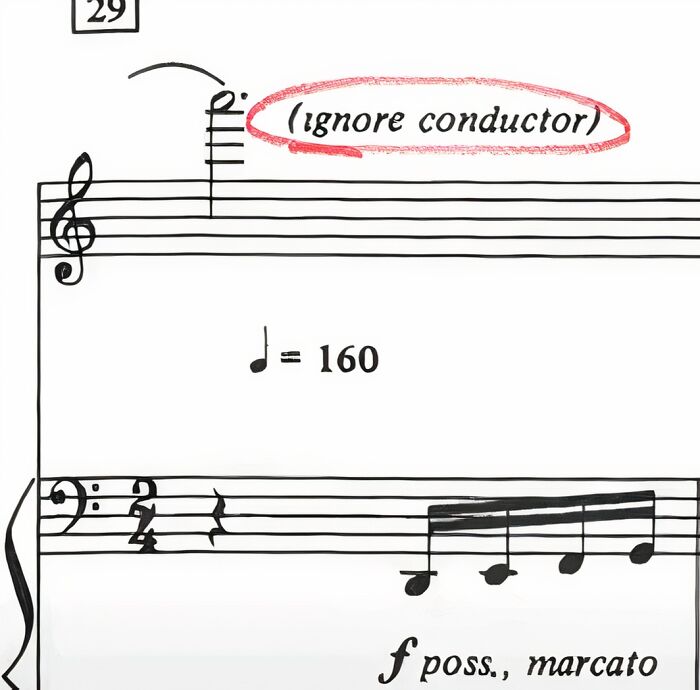 Music meme of sheet music with humorous note to "ignore conductor," implying a funny disregard for usual conductor cues.