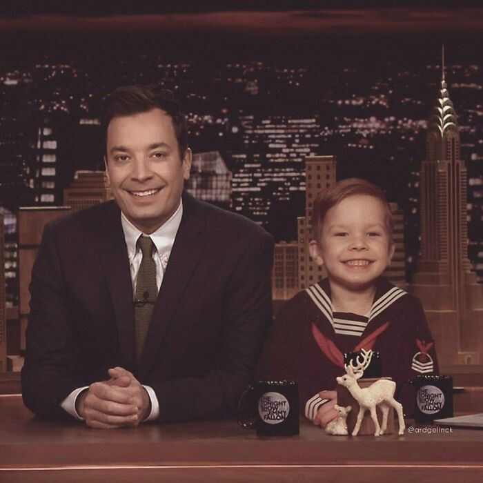 Adult and child version of a celebrity, smiling together on a talk show set; edited image showing passage of time.