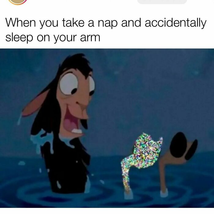 Cartoon llama in water with distorted leg, caption about accidentally sleeping on your arm, showcasing hilarious memes humor.