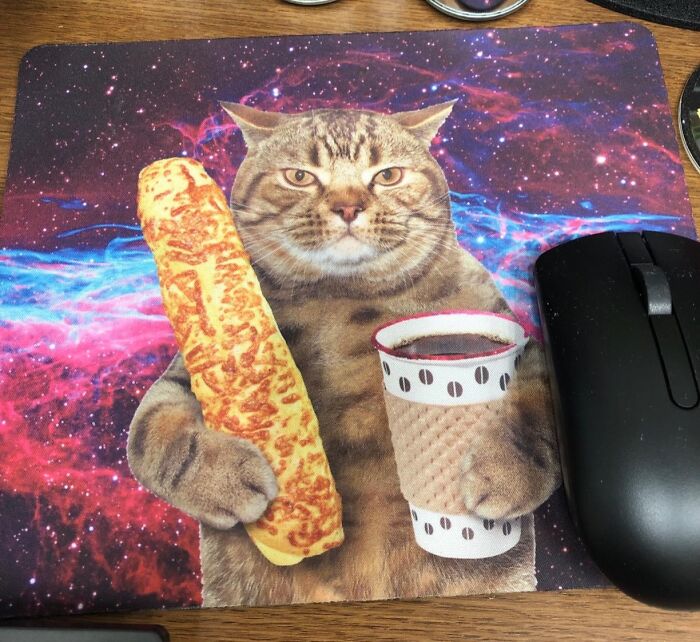 This Cat Mousepad Is Proof That Even Intergalactic Felines Need Their Caffeine And Carbs To Fuel A Productive Workday