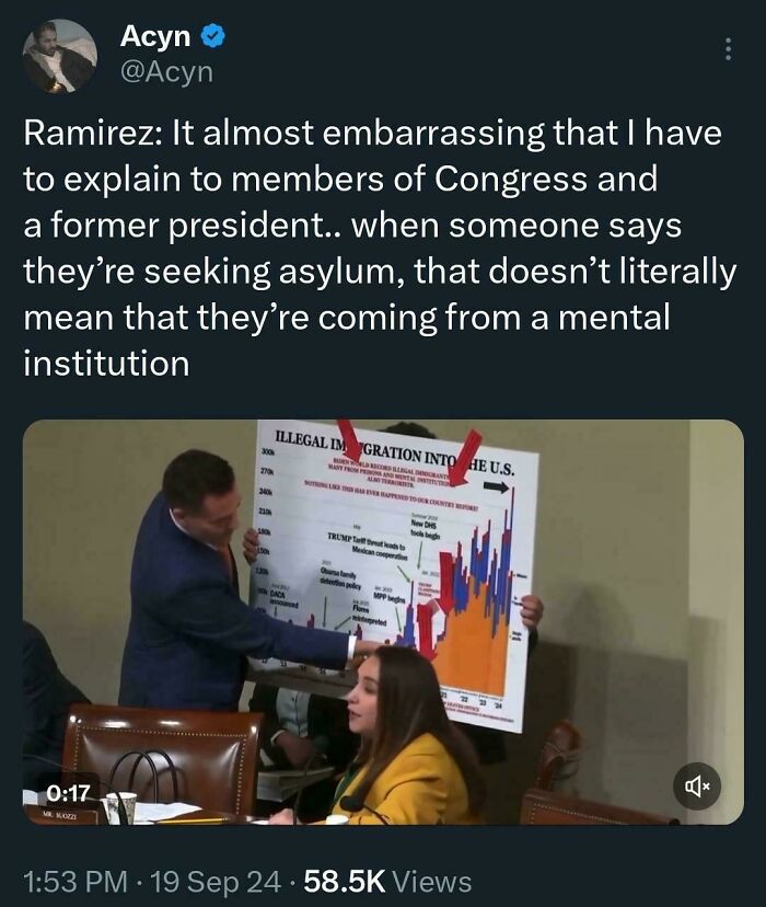 Tweet about asylum seeker misunderstanding with a man holding a chart on illegal immigration, showing facepalm moments and missing basic logic.