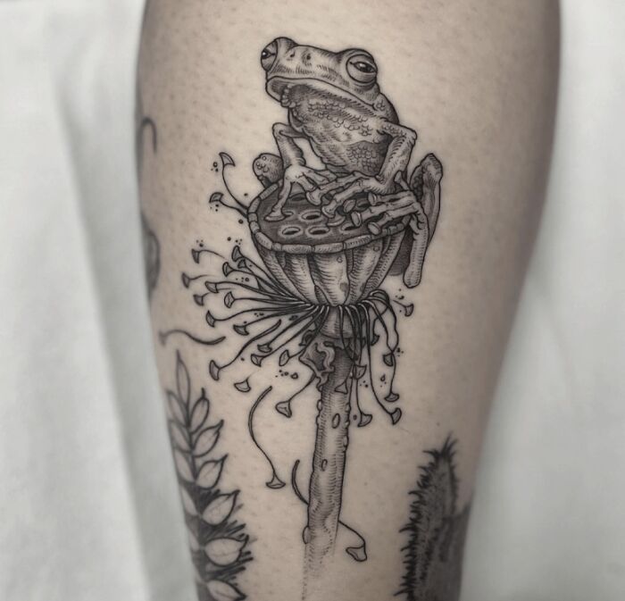 Frog On A Lotus Pod, By Ambo At Oddity Tattoo In Sarasota, Fl