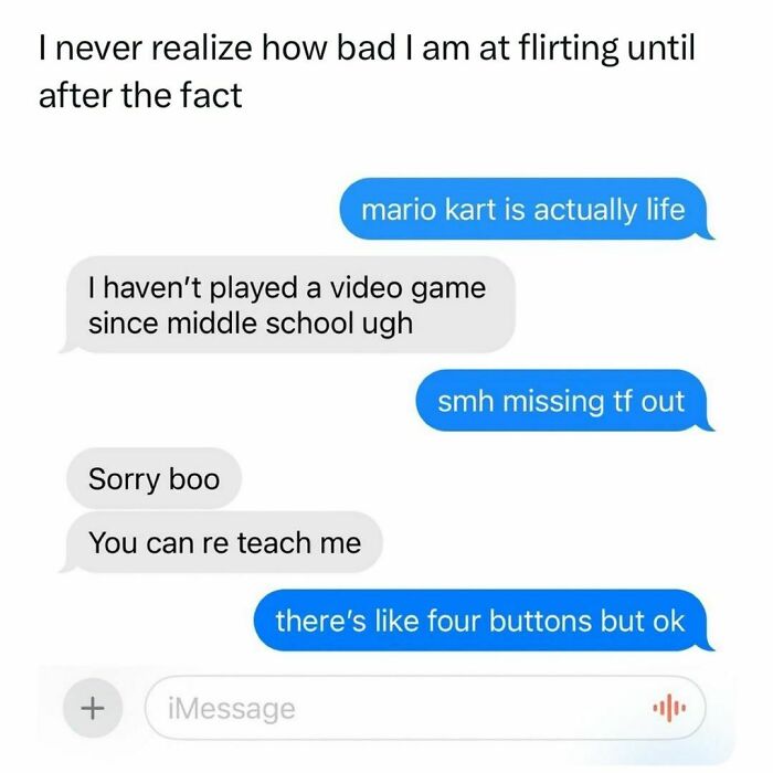 Text exchange about flirting and video games, focusing on the humor of missed gaming experiences.