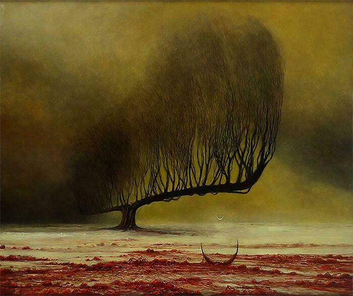 Creepy image of a weeping tree over red landscape, with a crescent moon and boat. Hair of kids imagery.