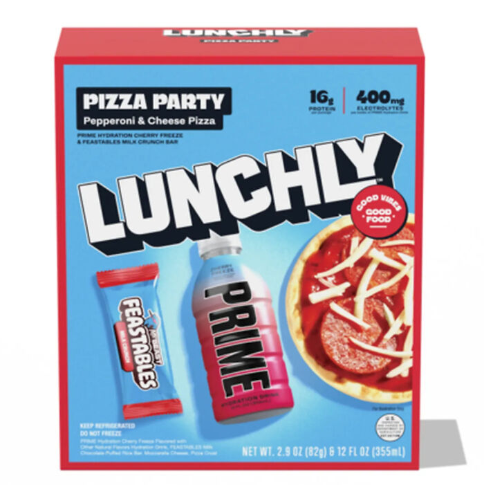 Lunchly Pizza Party box with Prime drink and Feastables bar, featuring unusual pizza-themed snacks.