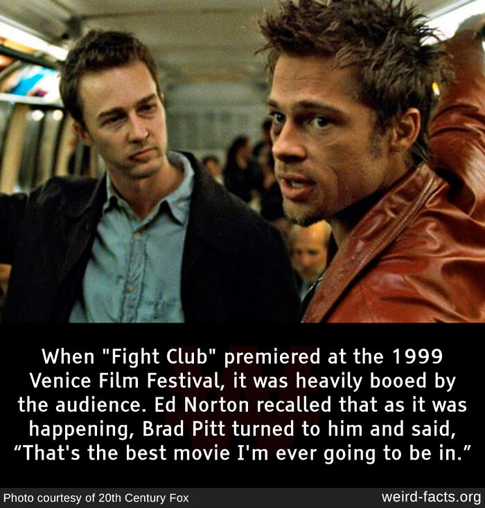 Scene from Fight Club featuring Brad Pitt and Ed Norton with a fun fact about the movie's premiere reaction.