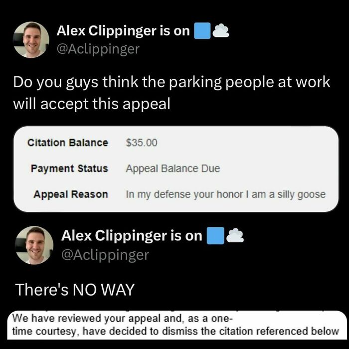 Relatable meme showing an appeal for a parking citation with a funny defense accepted.