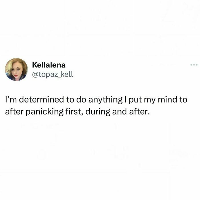 Relatable meme caption about determination and panic from a social media post.