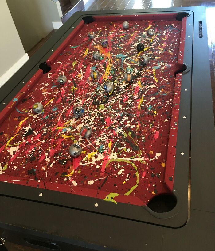This "Abstract" Billiards Table At An Airbnb I Was At. As It Also Turns Out, Thick Globs Of Hideous Paint Don't Allow For A Very Smooth Table Roll