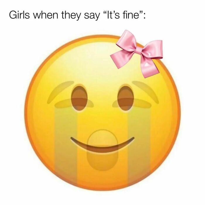 Emoji with a pink bow showing a crying smile, representing girls saying it’s fine in hilarious memes to save your day.