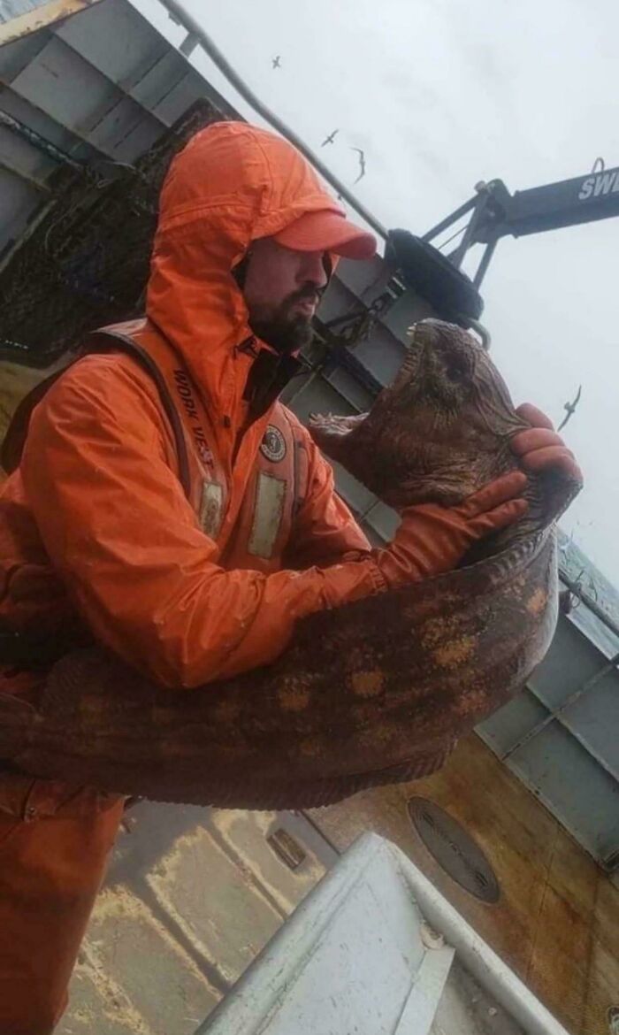 "Hombre con chaqueta naranja sujetando pez extraño y aterrador en barco pesquero."