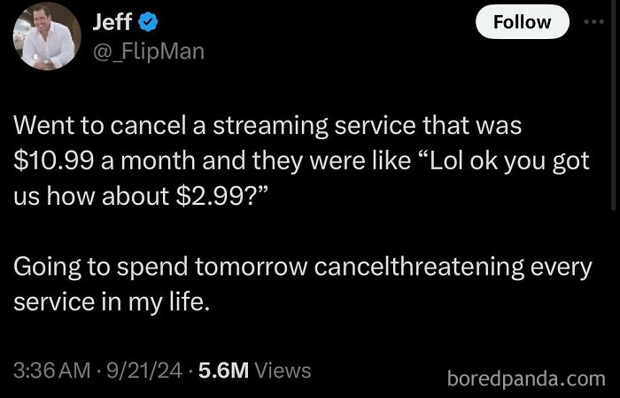 Tweet humorously discussing a streaming service price drop after attempting to cancel.