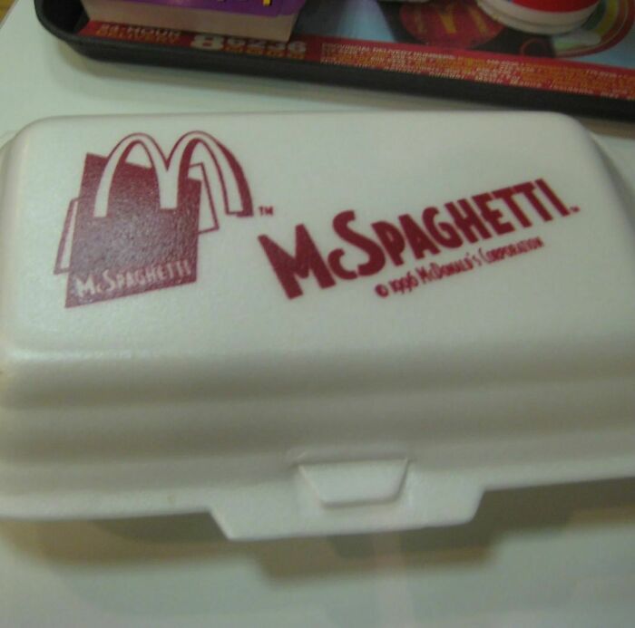 McSpaghetti styrofoam container from 90s McDonald's, a nostalgic item for those who grew up with Tamagotchis and VHS tapes
