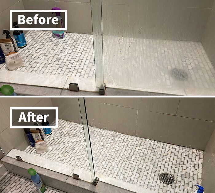 Shower glass before and after cleaning, showcasing an item that fixes everyday annoyances in the coolest way.