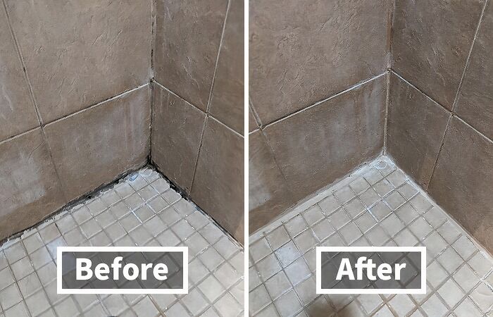 Before and after images showing a shower corner fixed with a product that eliminates everyday annoyances effectively.