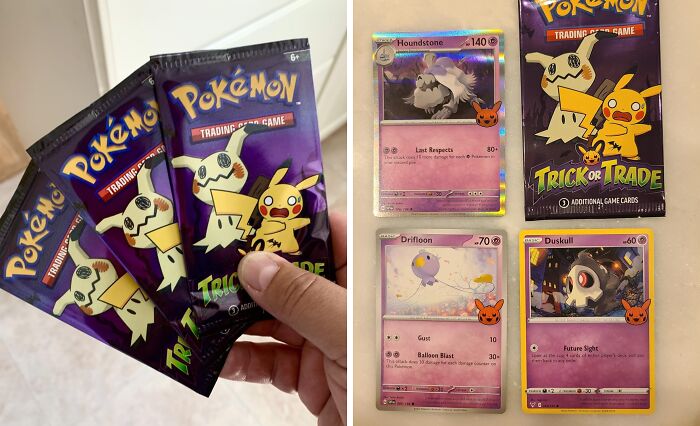 Hand holding Pokémon trading card packs, non-candy treats perfect for Halloween gift alternatives.