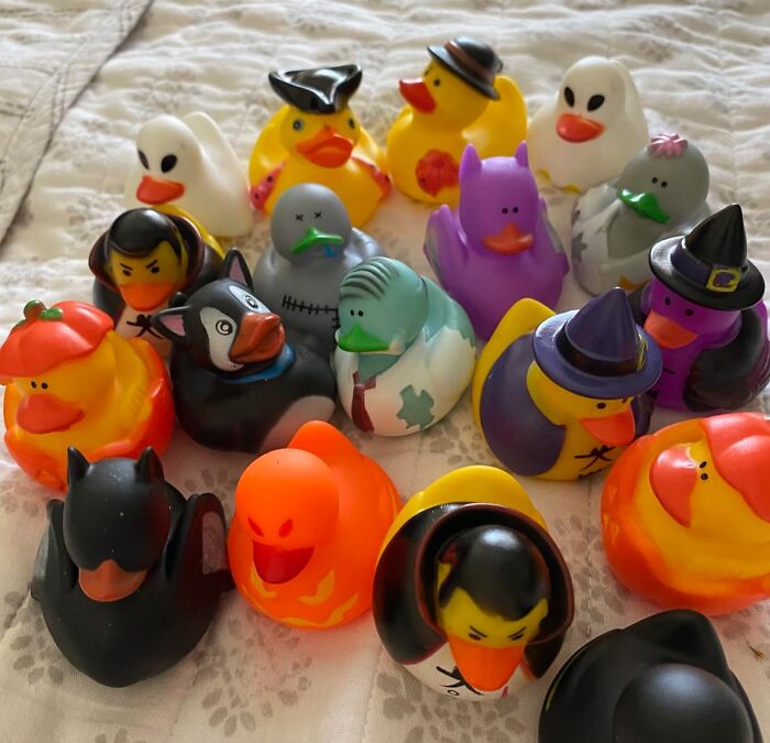 Halloween-themed rubber ducks dressed in costumes as fun non-candy treats for Halloween celebrations.