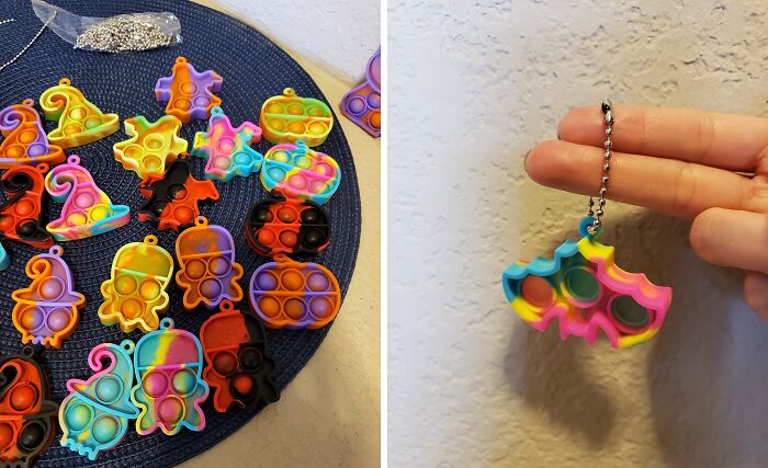 Colorful non-candy Halloween treats including pop-it keychains and toys to keep you off the Halloween blacklist.