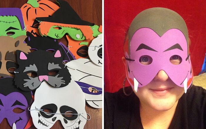 Colorful Halloween masks including cat, skull, witch, and person wearing a pink vampire mask for non-candy treat ideas.