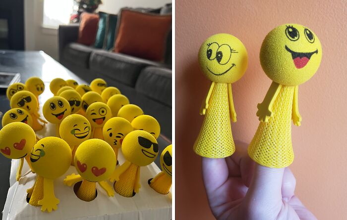 Yellow emoji toys with various expressions shown as non-candy treats for Halloween in a bright indoor setting.