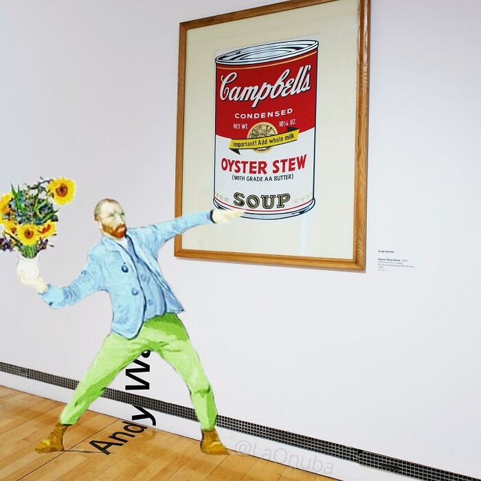 Activist Van Gogh Throwing A Vase With Sunflowers At One Of Warhol’s Campbell Soup Cans