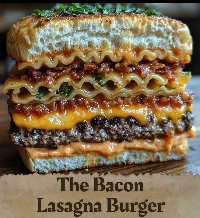 Stacked bacon lasagna burger, featuring layered pasta with cheese, bacon, and beef, highlighting absurd culinary creativity.