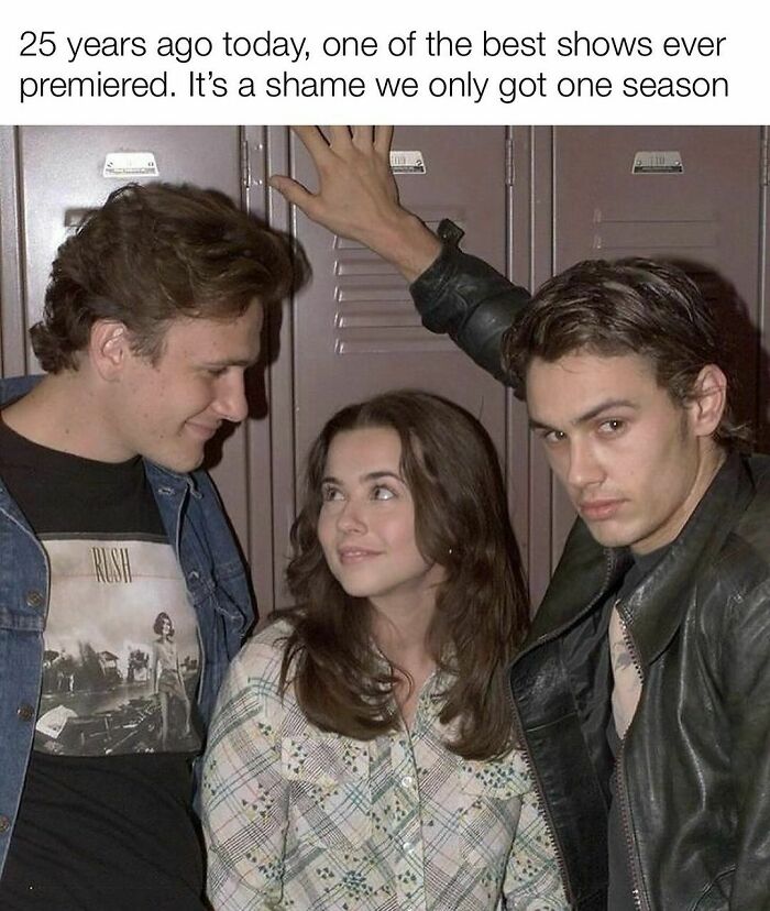 Three young adults posing by lockers in a nostalgic meme reflecting memories from the Tamagotchis and VHS tapes era.