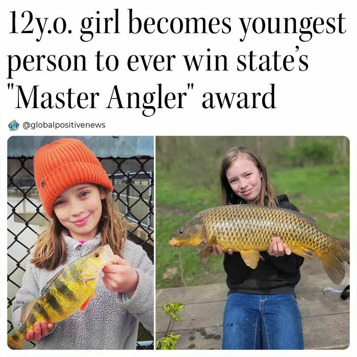 12-year-old girl wins "Master Angler" award, holding a large fish with a proud smile. Positive news highlight.