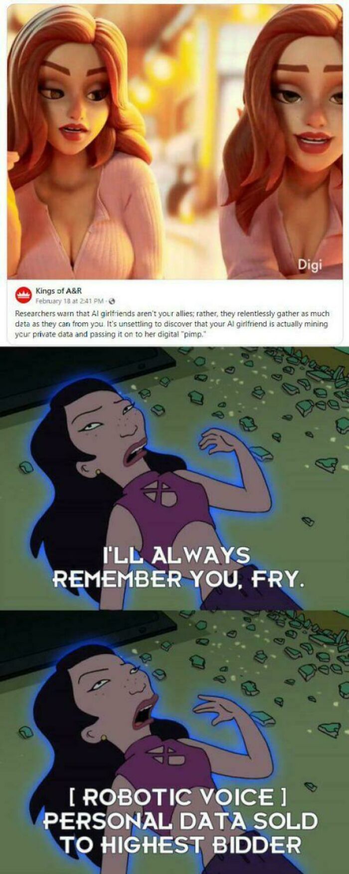 AI girlfriend warns about data mining, followed by a Futurama scene with text "personal data sold to highest bidder."