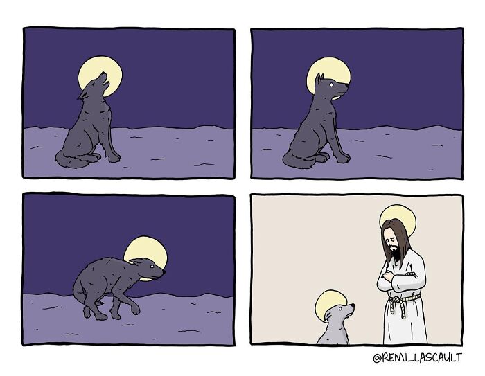 Comic panels showing a wolf under a full moon that turns into a dog meeting a mysterious figure in a dark, bizarre twist.