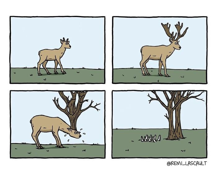 Comic panels showing a deer growing antlers that turn into a tree, then roots replace the deer in a dark and bizarre twist.