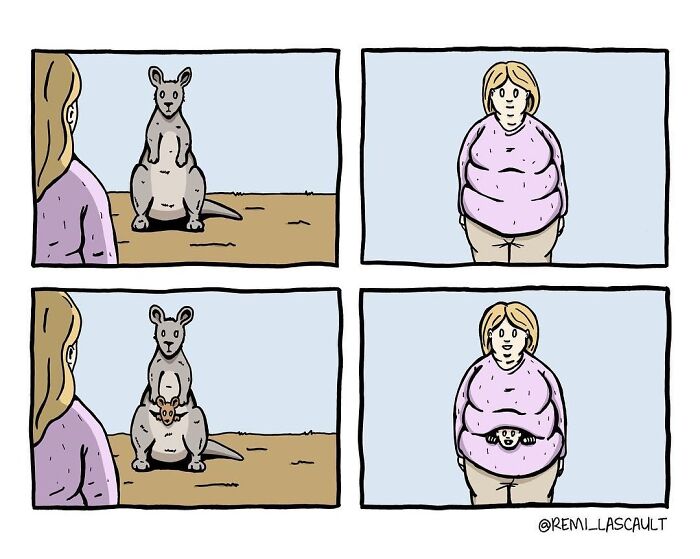 Comic panels show a woman and a kangaroo, with a dark, bizarre twist as a baby appears inside their pouches.