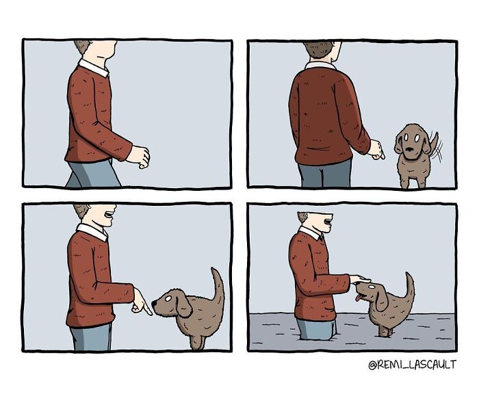 Comic strip showing a man interacting with a dog, ending with a dark and bizarre twist in the scene.