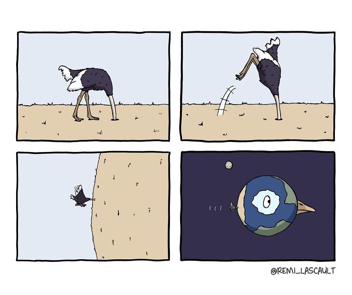 Comic panels showing an ostrich diving headfirst through the Earth in a dark and bizarre twist by Rémi Lascault.