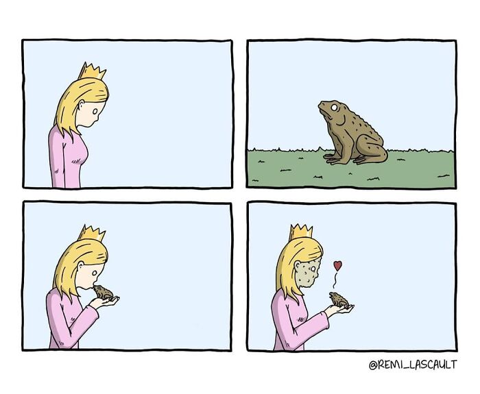 Comic strip showing a princess kissing a frog with a dark twist as her face transforms into a frog's face.