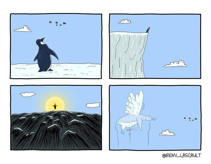 Four-panel comic illustrating a dark and bizarre turn with a penguin evolving into a flying bird mid-air.