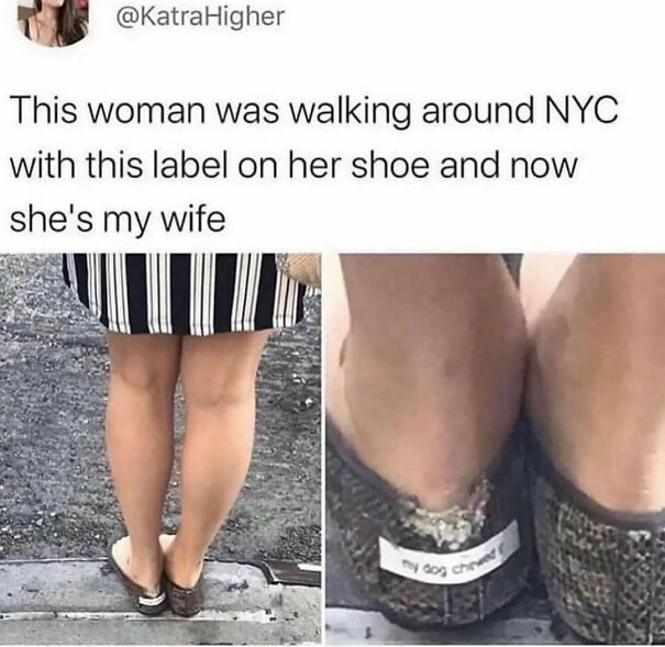 Woman wearing shoes with a "my dog chewed it" label, capturing a funny moment that dog owners may find relatable.