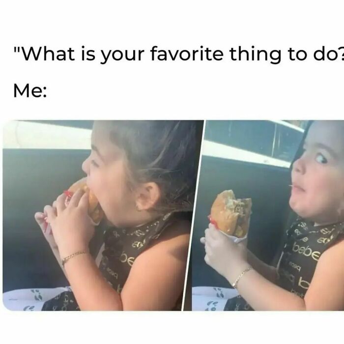 Child eating a large sandwich with humorous expressions, a funny meme illustrating favorite things to do for laughs.