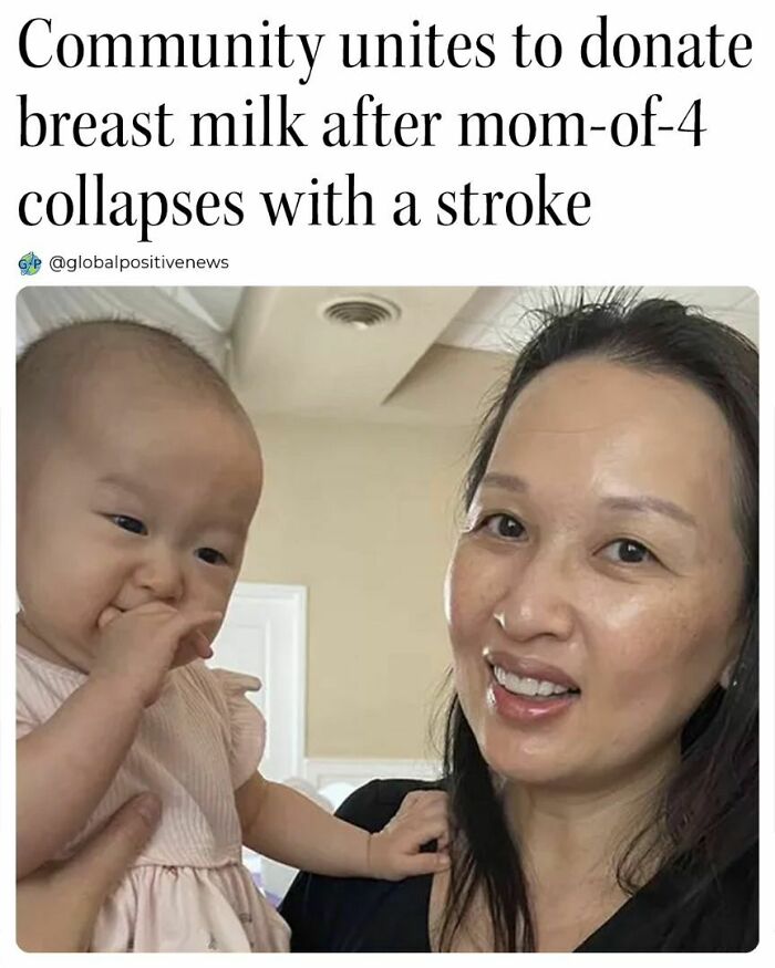Smiling woman holding a baby, with text about community donating breast milk, showcasing restored faith in humanity.