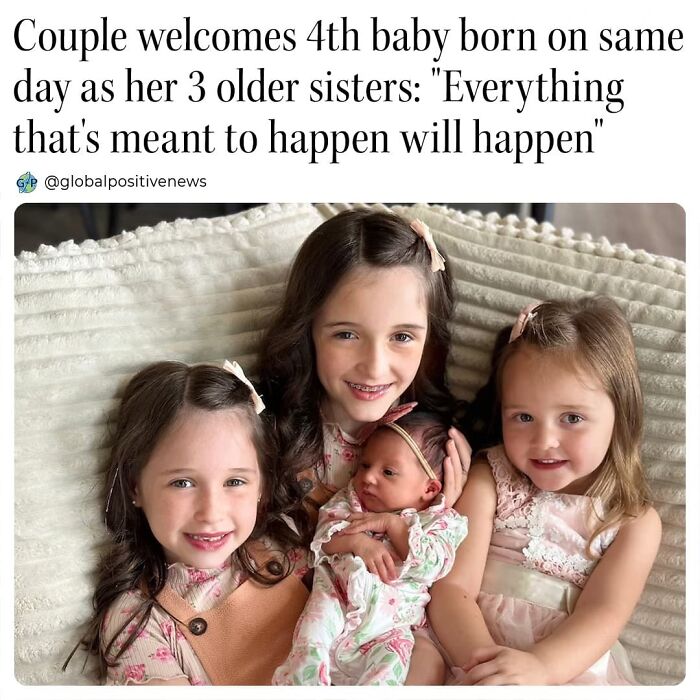 Four sisters, including a newborn, smiling together, highlighting a heartwarming family moment restoring faith in humanity.