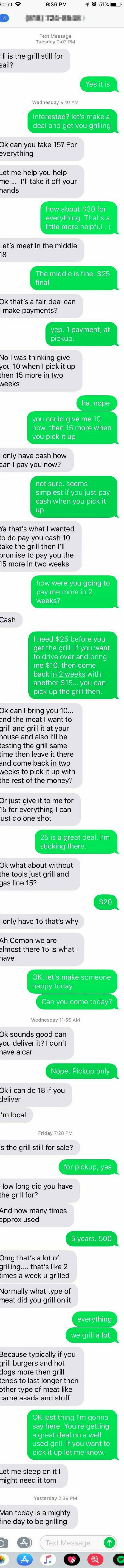 Text message exchange showing a negotiation for a used grill, highlighting a case of beggars being choosers.
