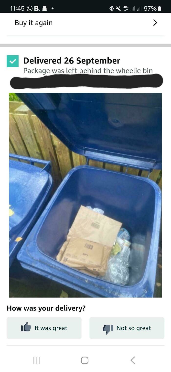 There Is A Parcel Box 2 Meters Away, Yet He Decided The Bin Was Better. Bin Was Collected This Morning