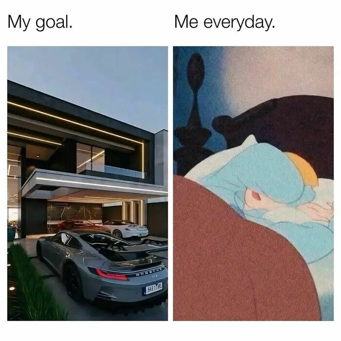 Modern luxury car and house representing goals, contrasted with a person sleeping daily in bed, a funny meme for hilarious memes.