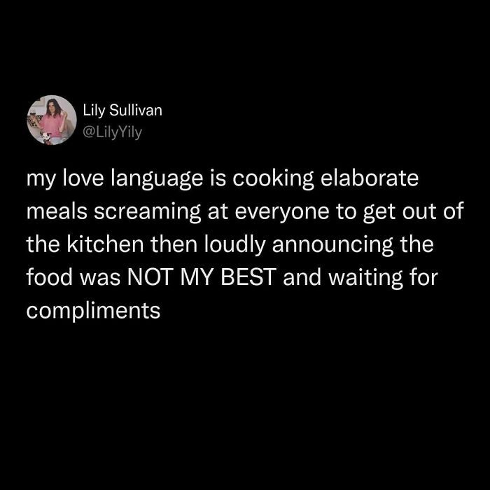 Tweet about cooking as a love language, resonating with tired millennials.