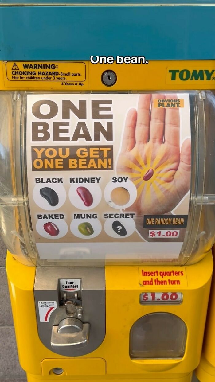 Vending machine with fake product by Obvious Plant, offering one random bean for a dollar.