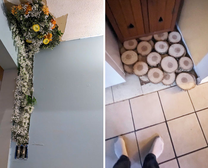 The Airbnb I Stayed At Last Weekend. This Renter Likes To Patch Sheetrock Holes With Cardboard And Fake Flowers